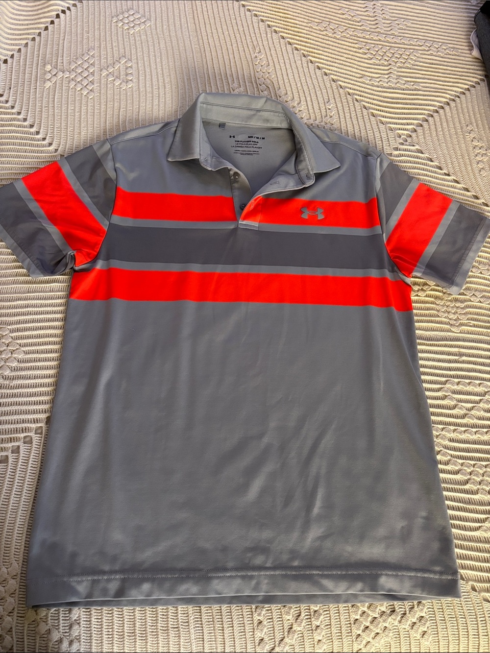 Under Armour Men’s Gray Polo with Bright Orange Stripes